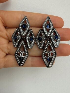 💙Chanel Geometric Gunmetal Statement Earrings with Blue Crystal Accents🖤